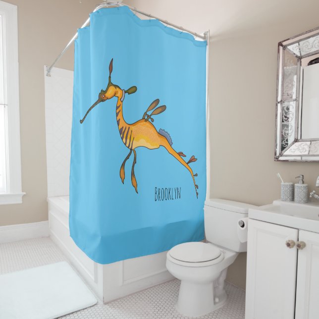 Weedy seadragon cartoon illustration shower curtain (In Situ)