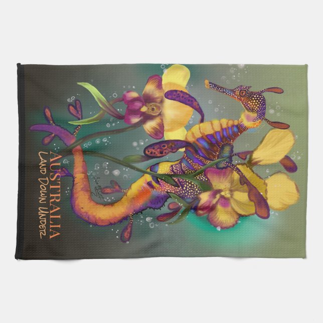 Weedy Seadragon with Orchids Tea Towel (Horizontal)