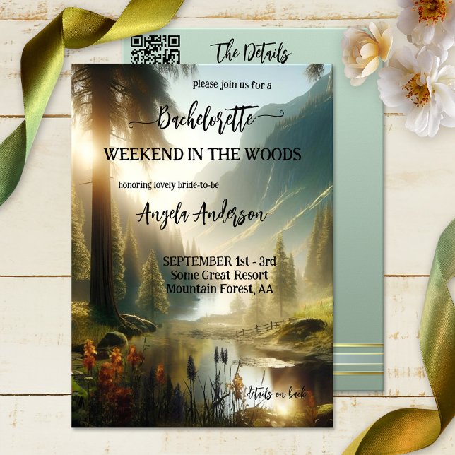 Weekend in the Woods Bachelorette Invitation (A weekend in the woods bachelorette invitation featuring an enchanted forest in the mountains)