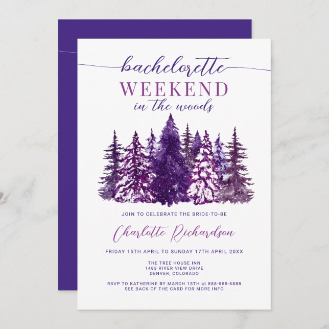Weekend In The Woods Bachelorette Party Purple Invitation (Front/Back)