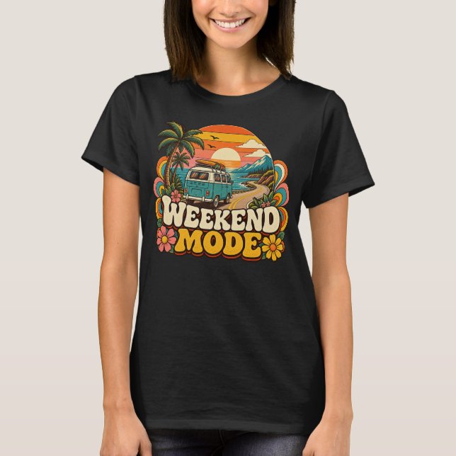 Weekend Mode Retro Camper Van Road Trip T-Shirt (Front)