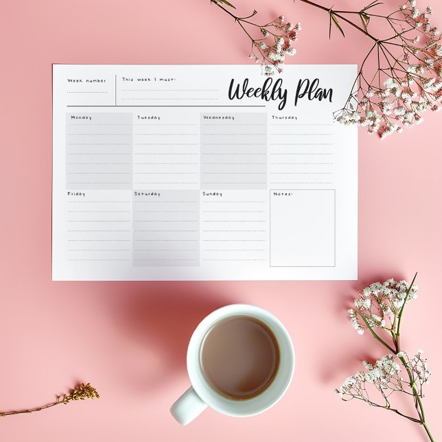 Weekly, day by day Organiser Notepad (Minimalist weekly planner pad with black script header, daily sections, and notes box.)