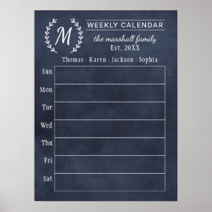 Weekly Family Calendar Chalkboard Monogram Poster