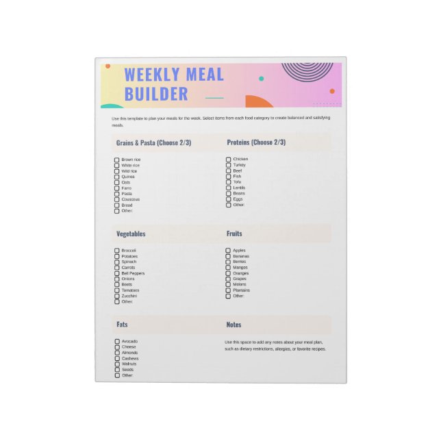 Weekly Meal Builder Notepad (Rotated)