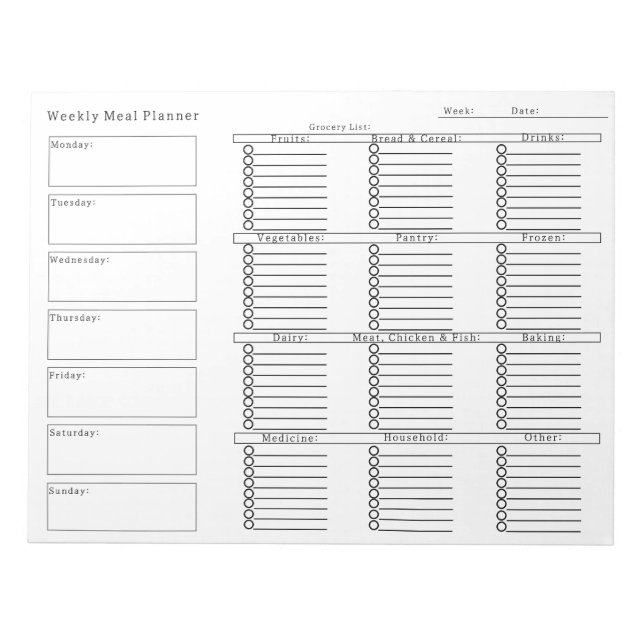 Weekly Meal Planner Grocery Shopping List Notepad (Front)
