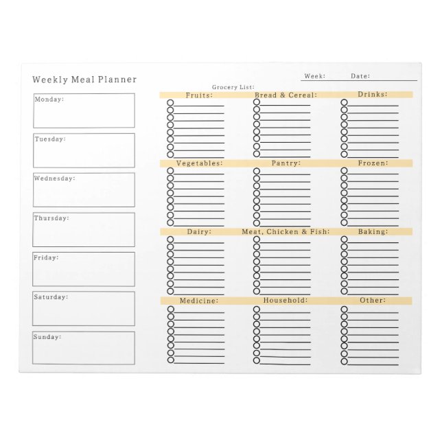 Weekly Meal Planner Grocery Shopping List Notepad (Front)