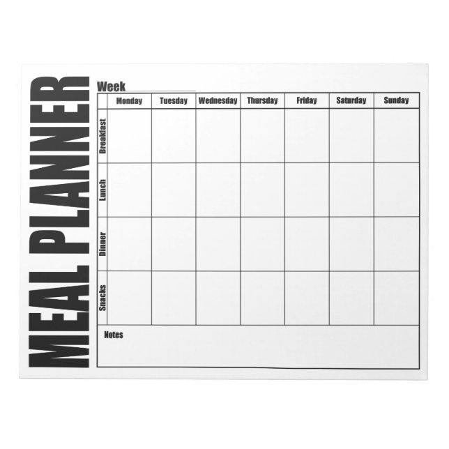Weekly Menu Meal Planner Black & White Notepad (Front)