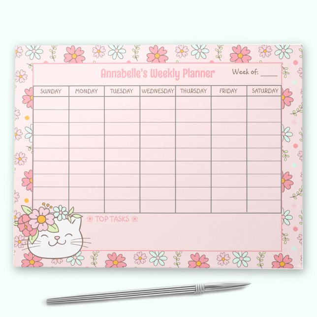 Weekly Planner Cute Cat Pink Floral Name Tear Away Notepad (Weekly Planner Cute Cat Pink Floral Name Tear Away Notepad)