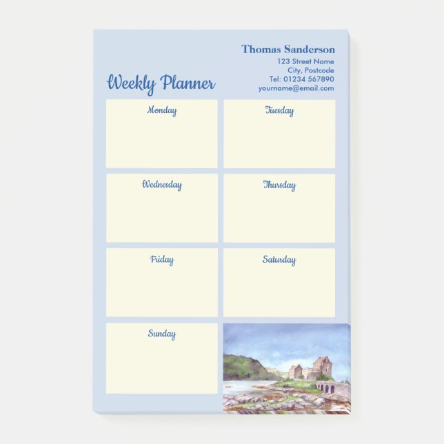 Weekly Planner Eilean Donan Castle Watercolor Post-it Notes (Front)