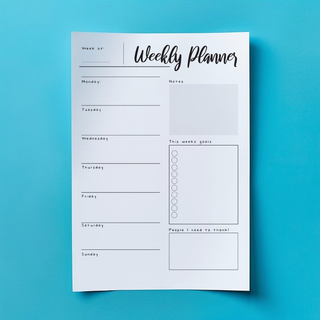 Weekly planner notepad (Minimalist weekly planner pad with modern script and daily, goals, and gratitude sections.)