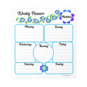 Weekly Planner Notepad with Blue Flowers