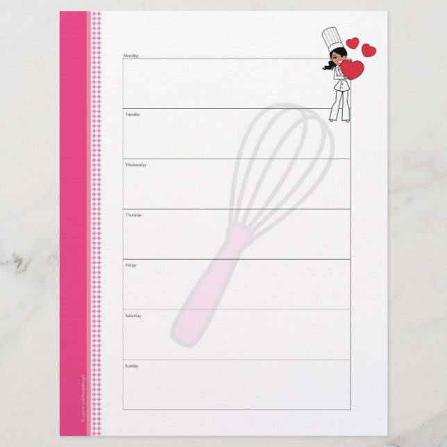 Weekly Planner Sheets for Bakers and Cooks (Front)