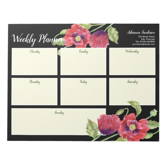 Weekly Planner Watercolor Red Poppies Black Notepad (Front)