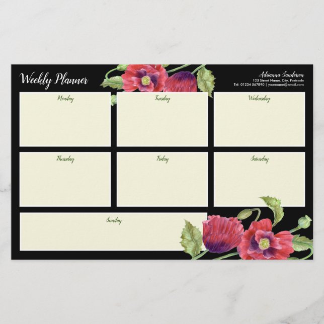 Weekly Planner Watercolor Red Poppies Black Statio Stationery (Front)