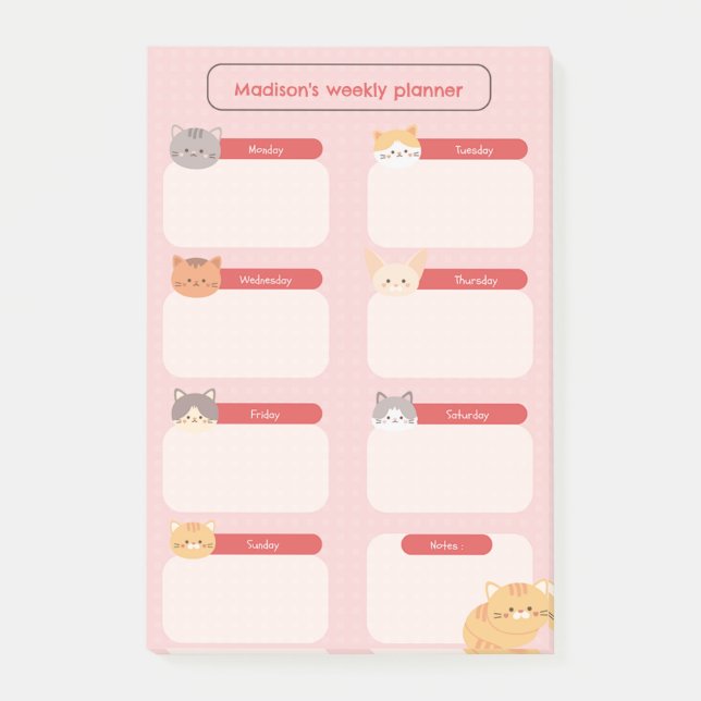 Weekly Planner with Cats Post-it Notes (Front)
