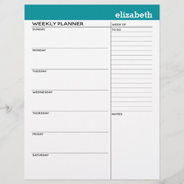 Weekly Planner with Custom Name and Colour Custom Letterhead (Front)