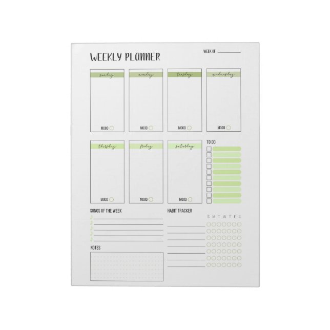 Weekly Planner with Sunday start (Green) 8.5 x 11" Notepad (Rotated)