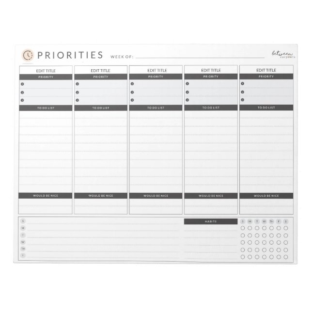 Weekly Priorities Planner Notepad (Front)