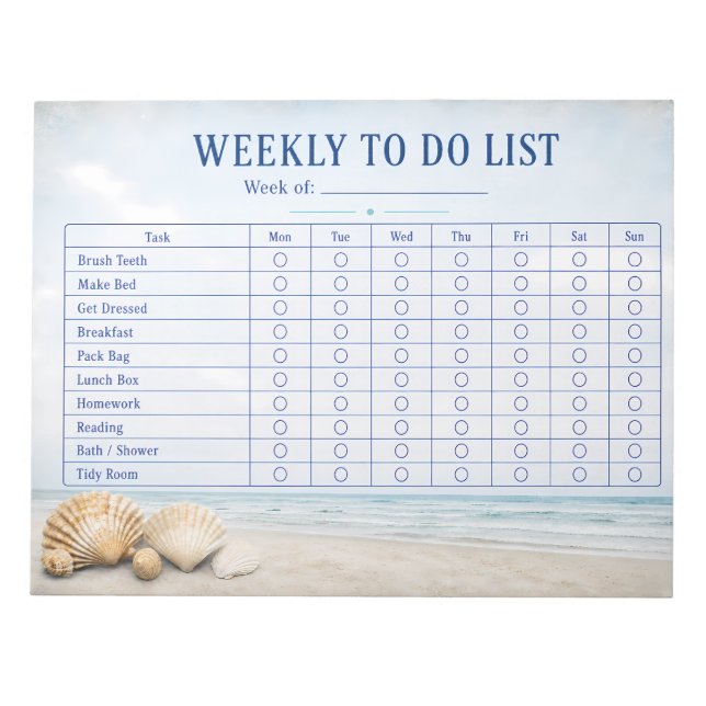 Weekly To Do List Beach Seashells Notepad (Front)