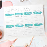 Weekly To Do List Planner | Grey and Mint Notepad<br><div class="desc">Organise your week with our handy memo pad in chic grey and swirly turquoise mint watercolor! Unique personalised design features "[your name's] To Dos" in modern grey lettering, with 5 lines for each day of the week, plus a bonus notes section. Fill in the "week of" at the top and...</div>
