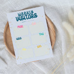 Weekly Visitors, Caregiving, Aging Parents Notepad<br><div class="desc">Use this tear away notepad to keep track of your parents' visitors or loved ones' visitors. This is one of my weekly visitor notepads with a design with boxes instead of linear. Easier for someone with shaky hands o write down a note. I created this because of my own experience...</div>