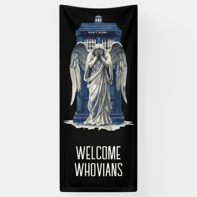 Weeping Angel with Blue Police Box 1 Banner (Vertical)