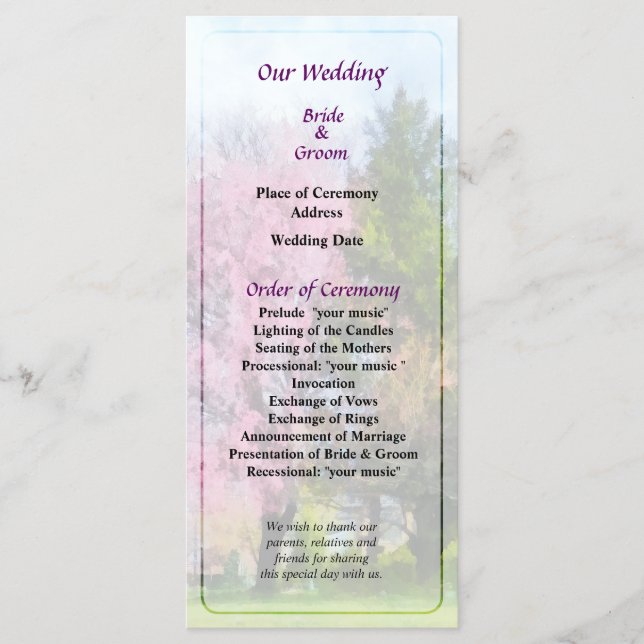 Weeping Cherry and Evergreen Wedding Program Programme (Front)