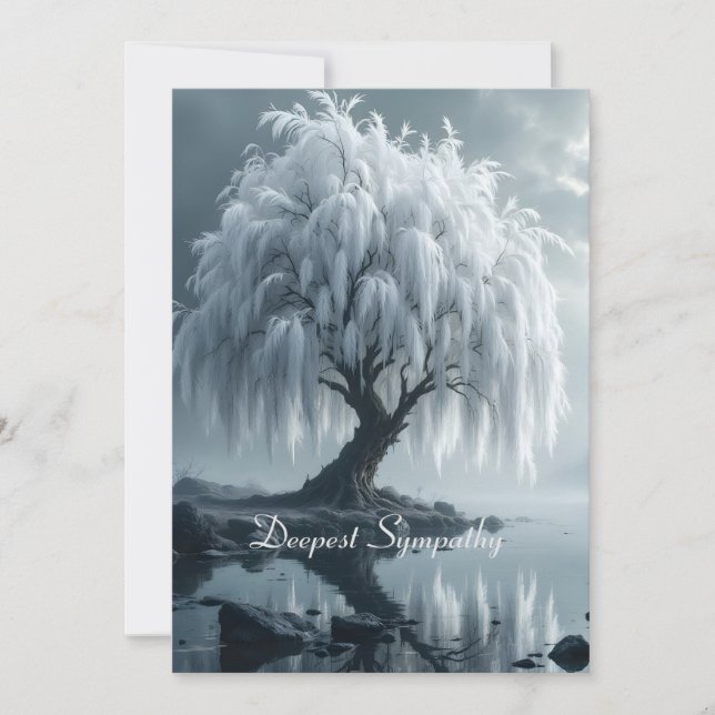 Weeping willow by a pond, black and white card (Front)