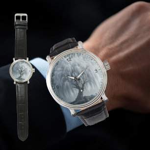 Weeping willow by a pond, black and white, custom watch