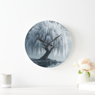 Weeping willow by a pond, black and white  large clock
