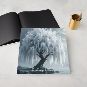 Weeping willow by a pond, black+white, condolence guest book