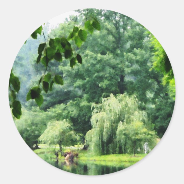 Weeping Willow in the Mist Classic Round Sticker (Front)