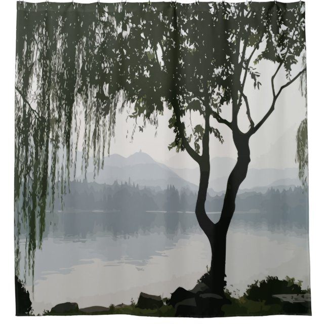 Weeping Willow Lake Mountain Landscape Black Grey Shower Curtain (Front)