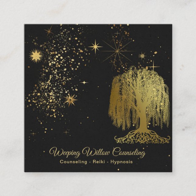 *~* Weeping Willow Tree Gold Universe Cosmic Square Business Card (Front)