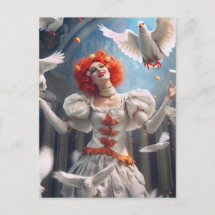 Weiblicher Clown mit Tauben. Lustige Postcard