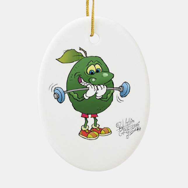 Weight lifting Avocado, on a decoration. Ceramic Tree Decoration (Back)