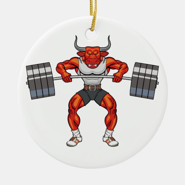 weight lifting bull 2 ceramic tree decoration (Front)