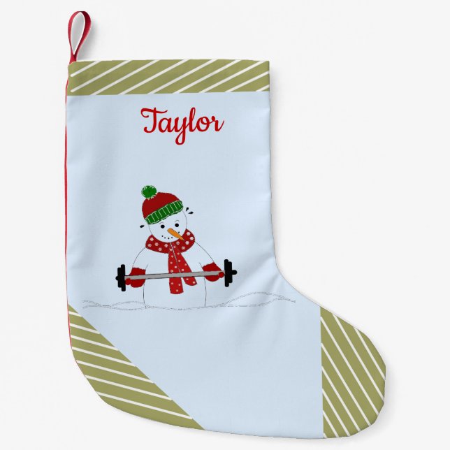 Weight Lifting Snowman Gold Stripes Small Christmas Stocking (Front)