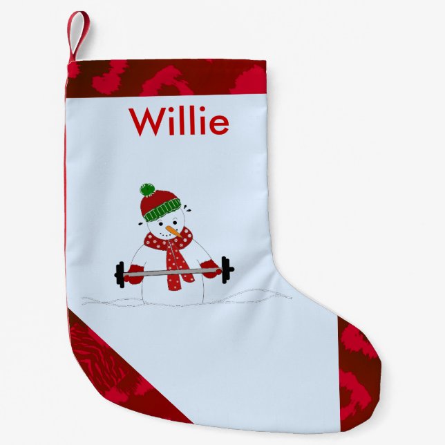 Weight Lifting Snowman Small Christmas Stocking (Front)