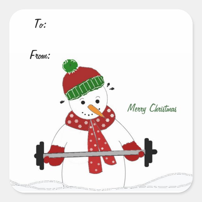 Weight Lifting Snowman Square Sticker (Front)
