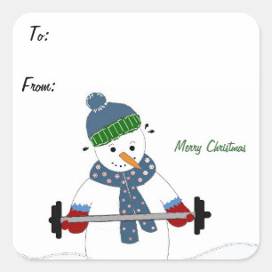 Weight Lifting Snowman Square Sticker