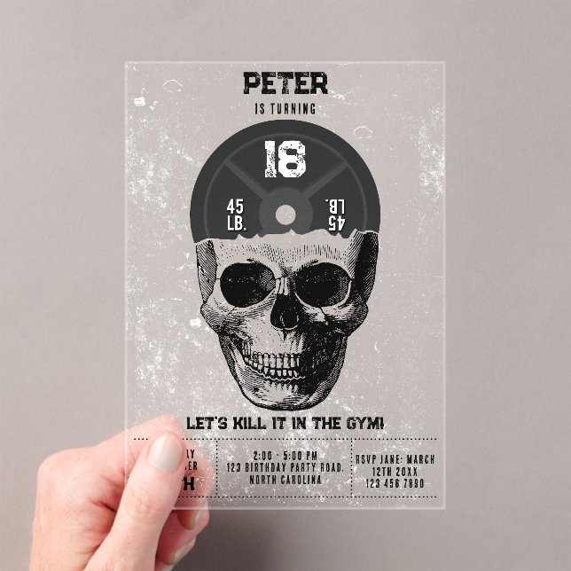 Weight Plate Skull Training Bodybuilding Birthday Acrylic Invitations (Insitu (Handheld))