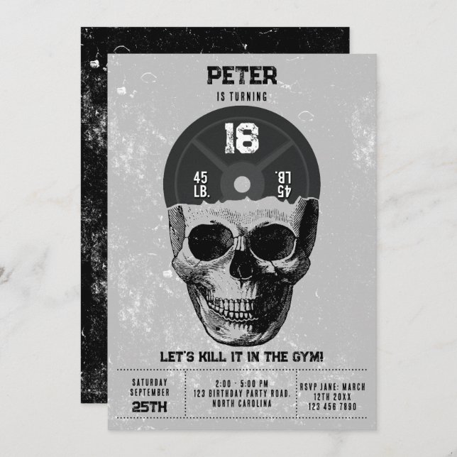 Weight Plate Skull Training Bodybuilding Birthday Invitation (Front/Back)