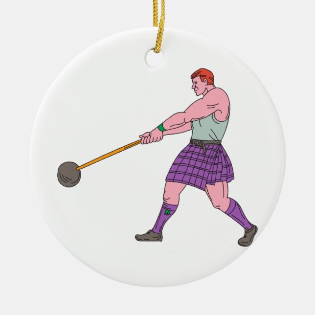 Weight Throw Highland Games Athlete Drawing Ceramic Tree Decoration (Front)