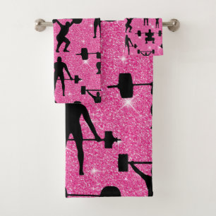 Weightlifting Fitness Workout Sport Pink Glitter Bath Towel Set
