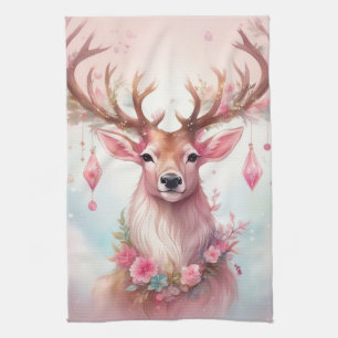 Weihnachten in pink: Rentier mit rosa Weihnachtssc Tea Towel