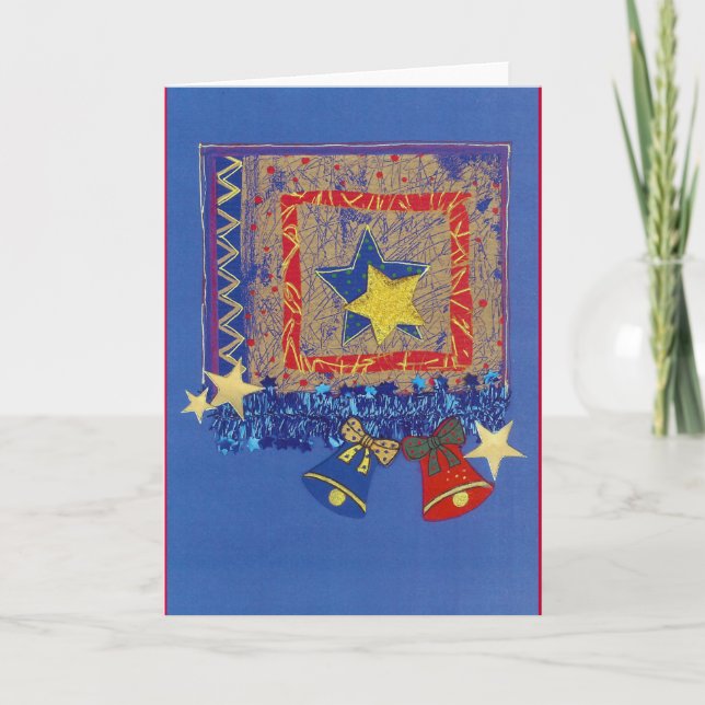 Weihnachtsglocken und Sterne in Blau-Rot Holiday Card (Front)