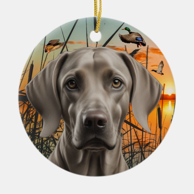 Weimaraner Christmas Ornament, Duck Hunting Ceramic Tree Decoration (Front)