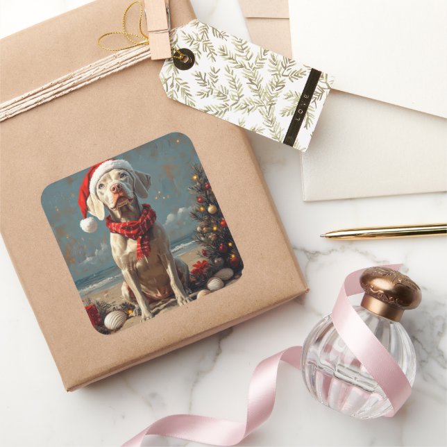 Weimaraner Dog Christmas Vintage Beach  Square Sticker (Gifting)