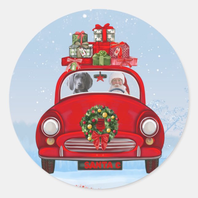 Weimaraner Dog In Car With Santa Claus Classic Round Sticker (Front)